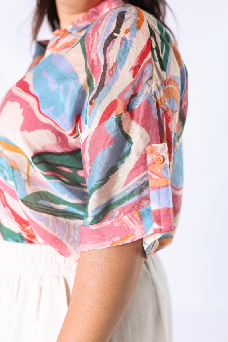 Blusa Botones Estampado Abstracto Rosa