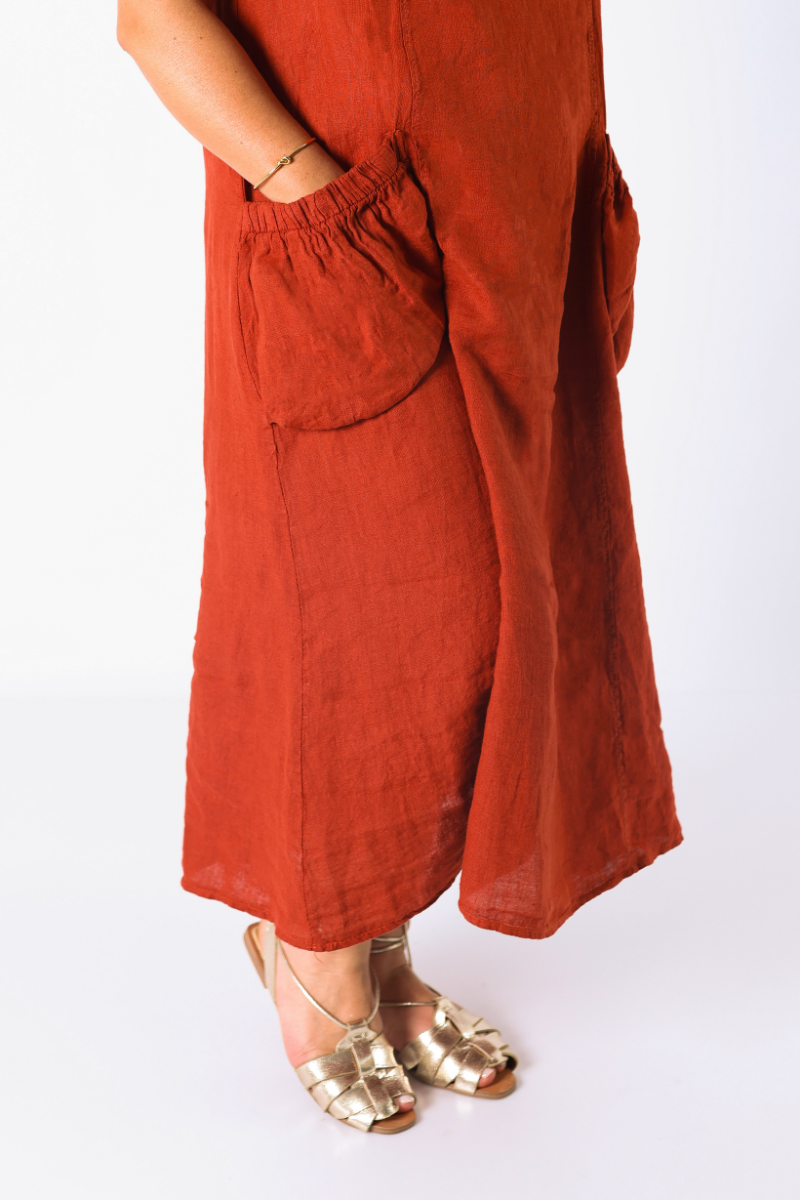 Vestido de Lino con Bolsillos Terracota