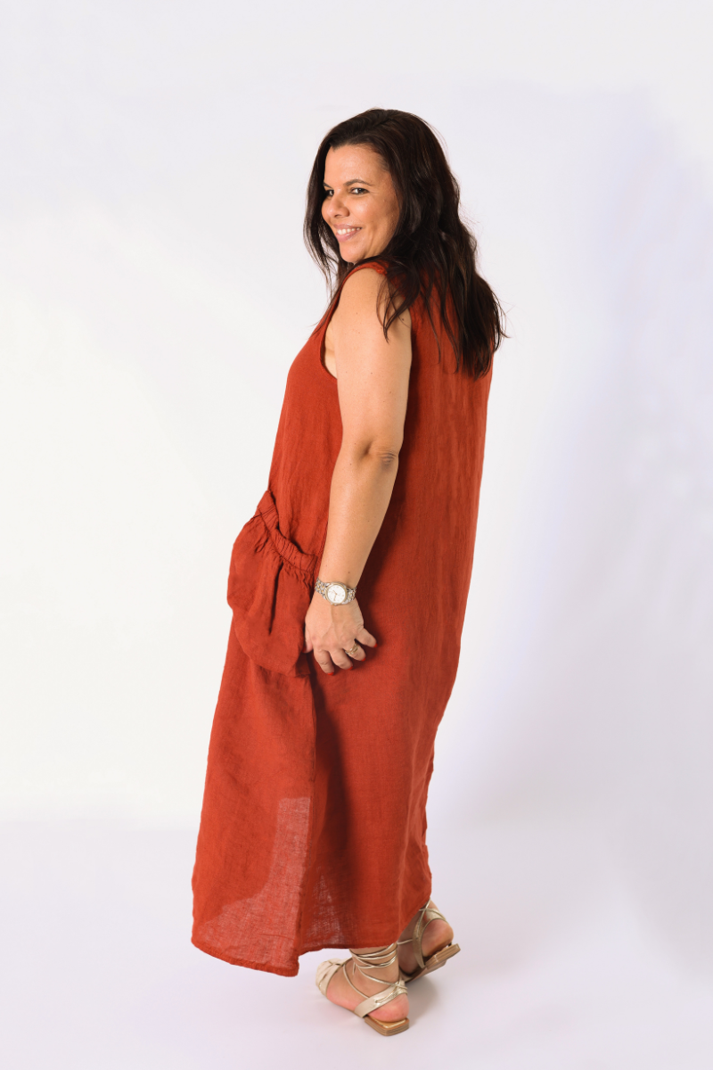 Vestido de Lino con Bolsillos Terracota