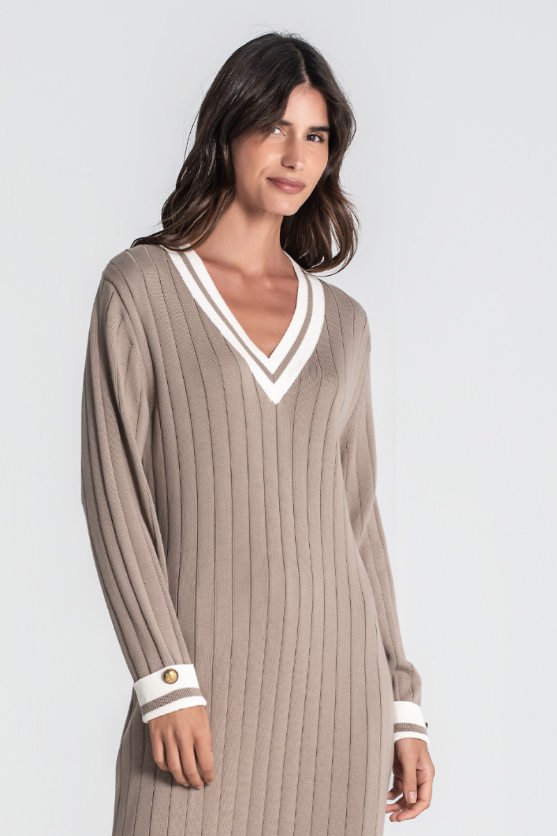 Vestido Topo Canalé con Contraste - RUGA