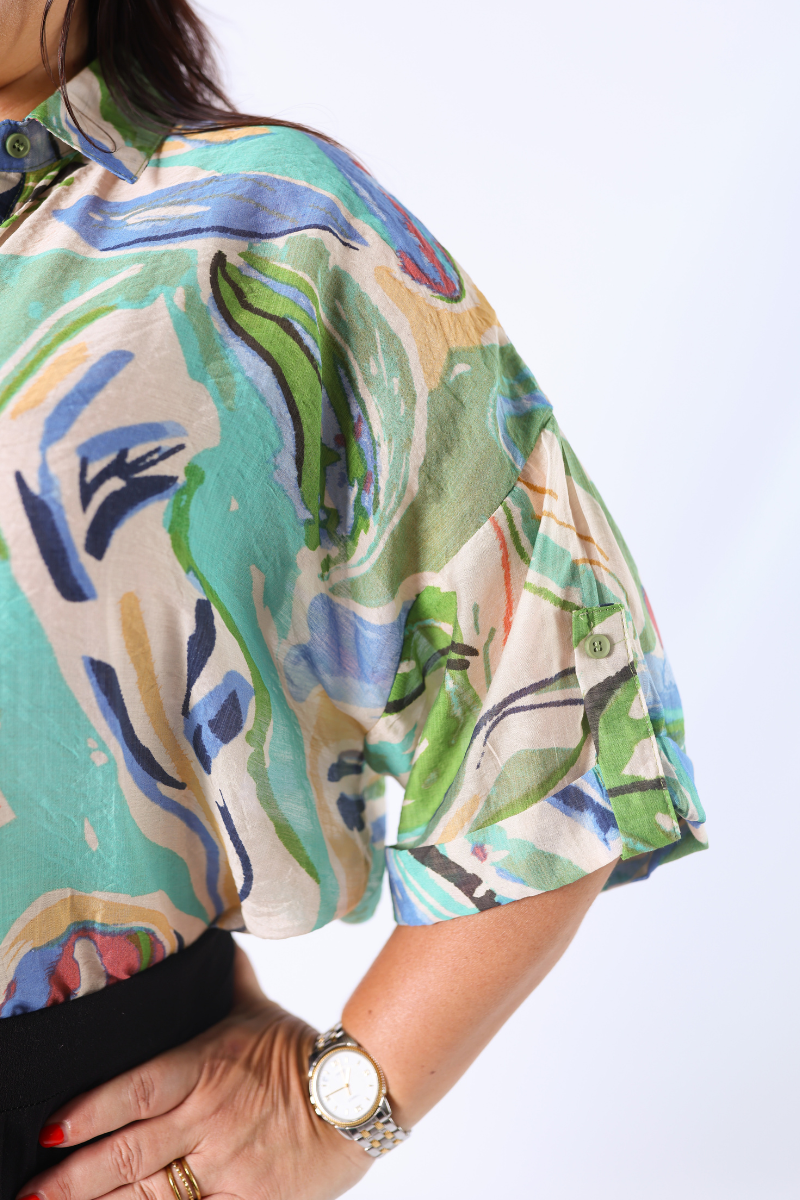 Blusa Botones Estampado Abstracto Verde
