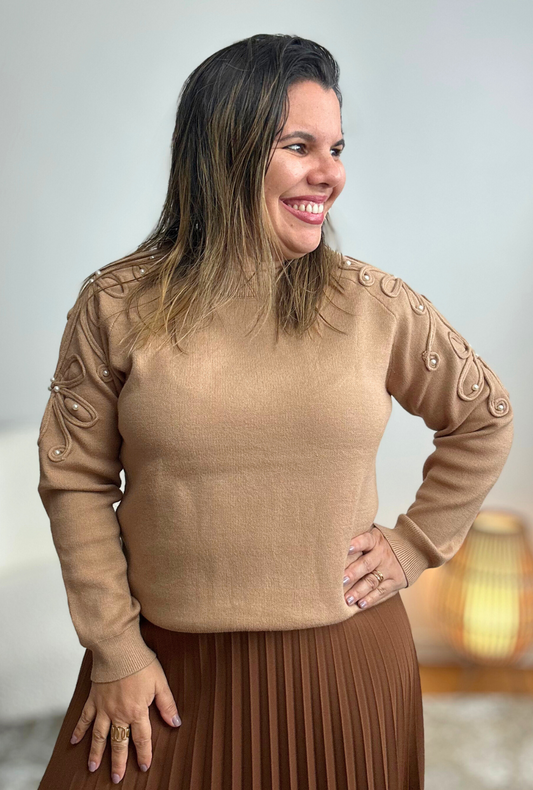 Camisola Malha Sami Camel Único - LeChic Moda