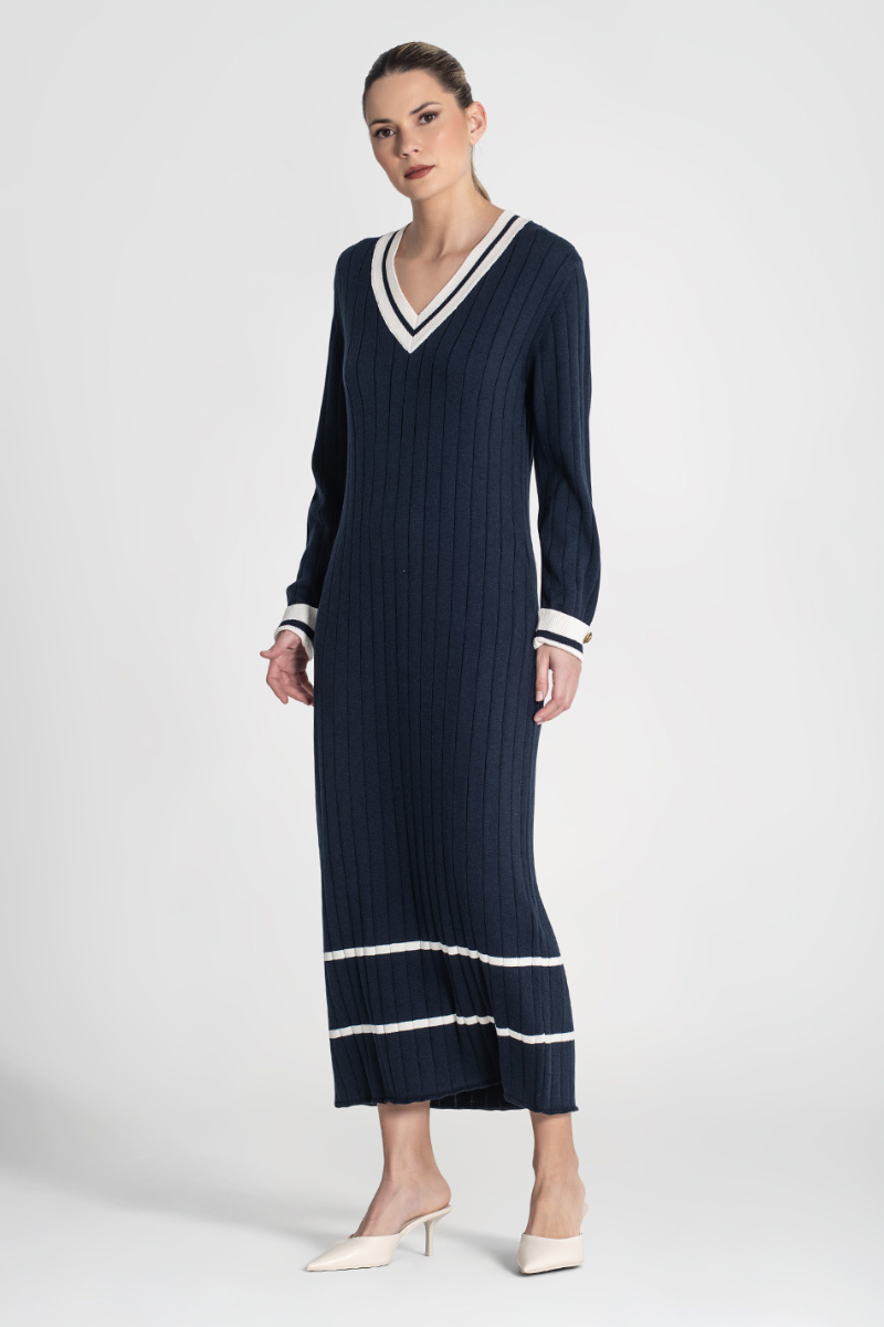 Vestido Azul Marino Canalé con Contraste - RUGA