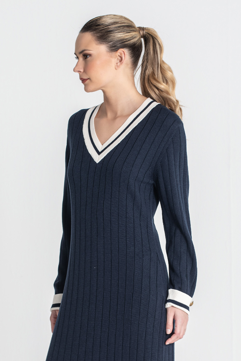 Vestido Azul Marino Canalé con Contraste - RUGA