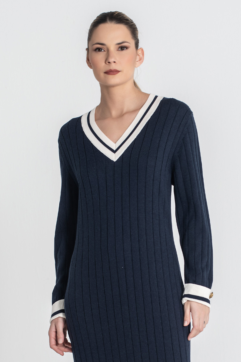 Vestido Azul Marino Canalé con Contraste - RUGA