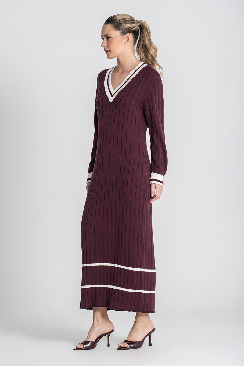 Vestido Burdeos Canalé con Contraste - RUGA